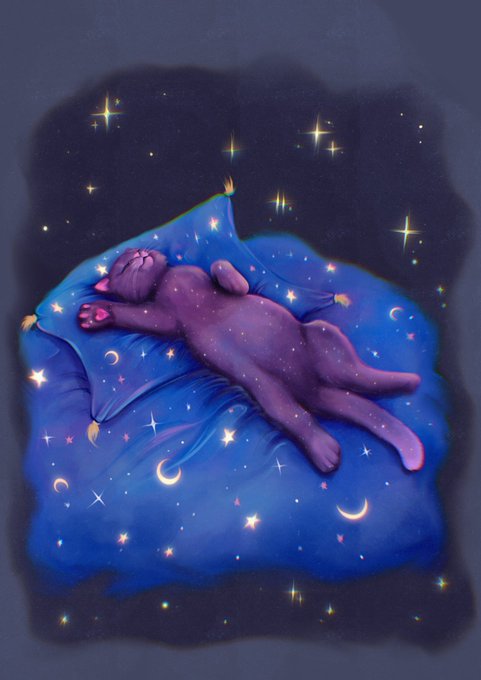 Digital illustration of a purple cat sleeping peacefully on its back atop a blue pillow decorated with glowing stars and crescent moons, against a dark night sky.