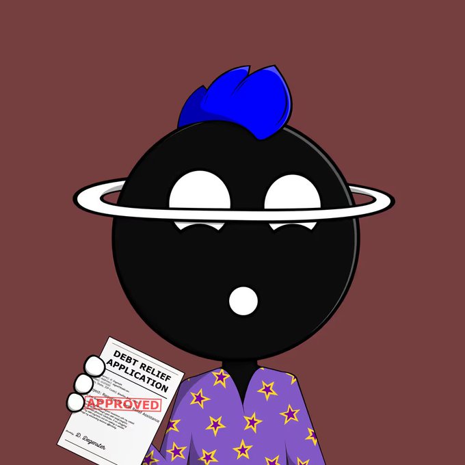 A cartoon character with a black face, blue hair, and star-patterned purple shirt holding a paper labeled 'DEBT RELIEF APPLICATION' with an 'APPROVED' stamp.