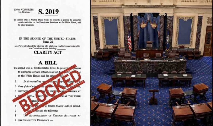 The image shows a document of S.2019, the "CLARITY Act" bill marked "BLOCKED" in red, alongside the U.S. Senate chamber, illustrating the legislative hurdle of needing 60 votes for passage with Republicans holding 53 seats and no Democratic support currently pledged.