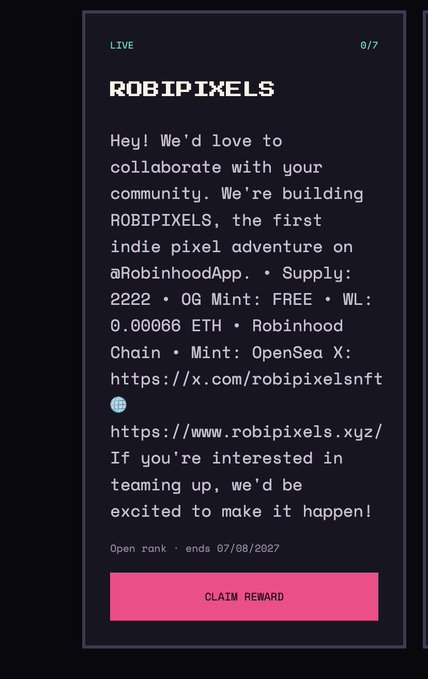 The image is a "ROBIPIXELS" bounty or collaboration listing offering details about an indie pixel adventure on the Robinhood App, with a supply of 2,222, minting on OpenSea, and a wallet listing of 0.00066 ETH, while the post promotes a "GTD SPOT" raffle entry via cryptogangs.xyz/stakeburn—suggesting the listing is from a platform where users can engage with various NFT projects and raffles.