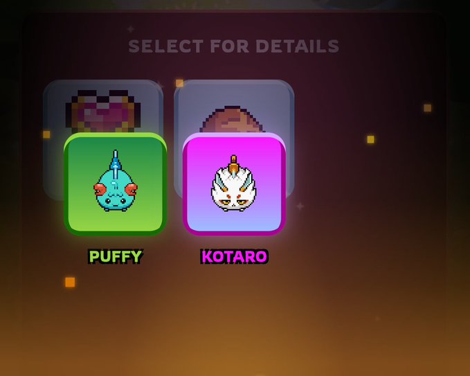 The image shows two different cartoon characters, one green and one pink, displayed against a brown background with white text that reads "Select for details". The green character has a fish-like body and a blue head, while the pink character has a bird-like body and an orange head.