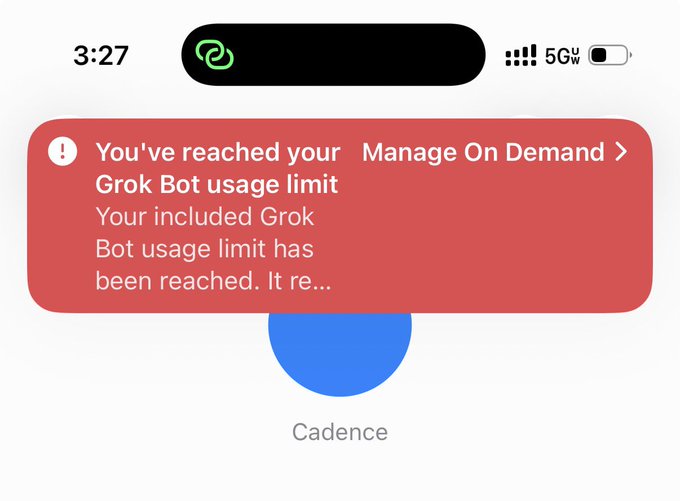 A phone screen shows a notification reading 'You've reached your Grok Bot usage limit' with a 'Manage On Demand' option, with 'Cadence' visible below.