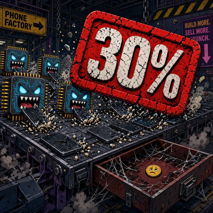 An illustrated graphic depicts a 'Phone Factory' where angry robot-like machines smash smartphones on a conveyor belt under a large red '30%' discount sign.