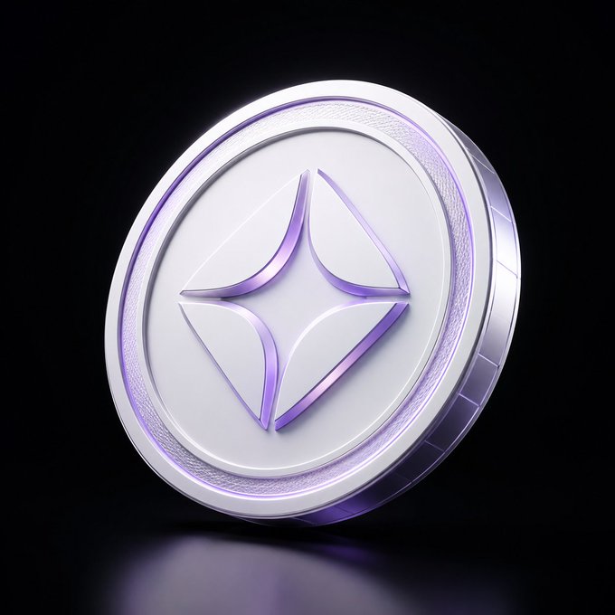 A circular metallic emblem or coin featuring a geometric four-point star design, rendered in silver with glowing purple accents against a dark background.