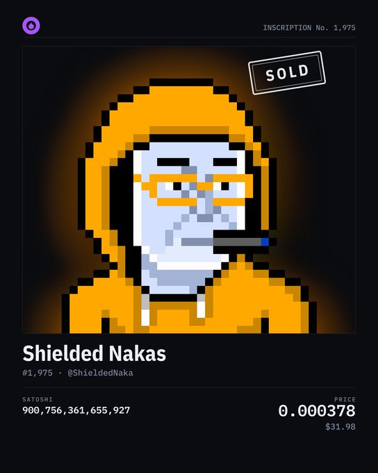 A pixel art NFT titled 'Shielded Nakas' (Inscription No. 1,975) showing a figure in a yellow hood with glasses and a cigarette, marked as SOLD.