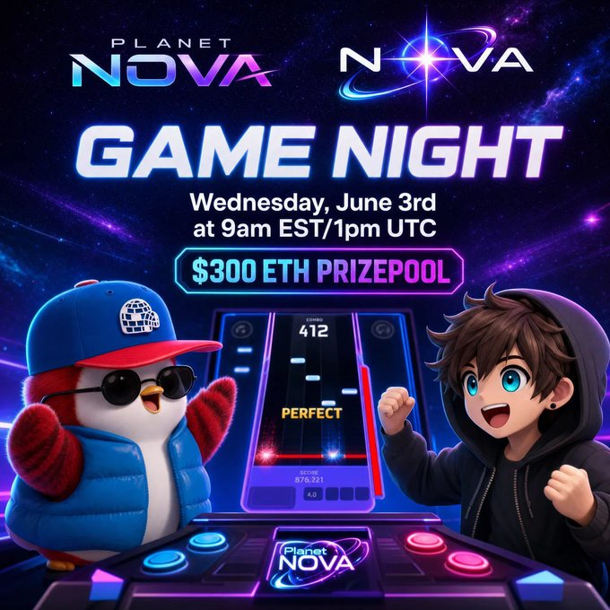 The image features a poster advertising a game night featuring Planet Nova gameplay nights. The poster showcases two cartoon characters dressed as penguins, one wearing sunglasses and the other a baseball cap, positioned near a gaming console with their arms raised in excitement. The event is scheduled for Wednesday, June 3rd at 9am EST/1pm UTC, and $300 will be awarded to those who participate on that day via an eth prize pool.