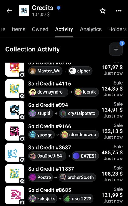 A mobile screenshot showing an NFT collection page titled 'Credits' priced at 104.09 $, displaying recent sale activity with prices ranging from 107.97 $ to 485.75 $.