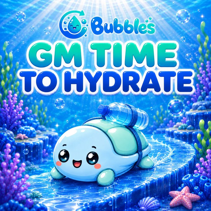 A colorful underwater-themed graphic featuring a cute cartoon turtle with a water bottle on its shell, with text 'Bubbles' and 'GM TIME TO HYDRATE'.