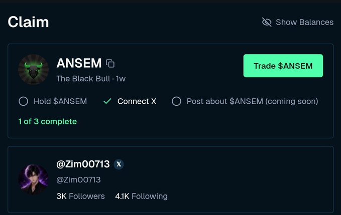 The image shows a "Claim" interface for the $ANSEM token (The Black Bull, 1w), where user @Zim00713 (3K Followers, 4.1K Following) has completed 1 of 3 tasks—holding $ANSEM and connecting X—with a green "Trade $ANSEM" button displayed. It relates to the post by visually highlighting the user's onboarding progress into the $ANSEM community, reinforcing the post's theme of conviction and active participation in the Solana ecosystem.