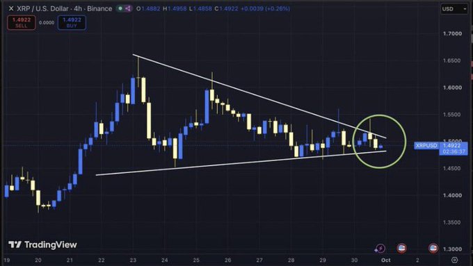 A TradingView 4-hour candlestick chart of XRP/USD showing a descending triangle or symmetrical triangle pattern with a green circle highlighting a recent price movement near $1.49.