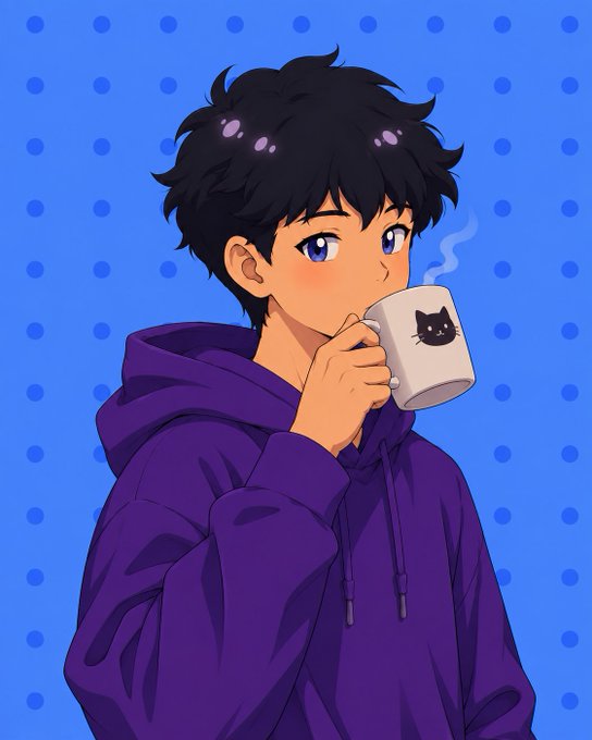 An anime-style illustration of a dark-haired character wearing a purple hoodie, drinking from a white mug featuring a black cat design, set against a blue polka-dot background.