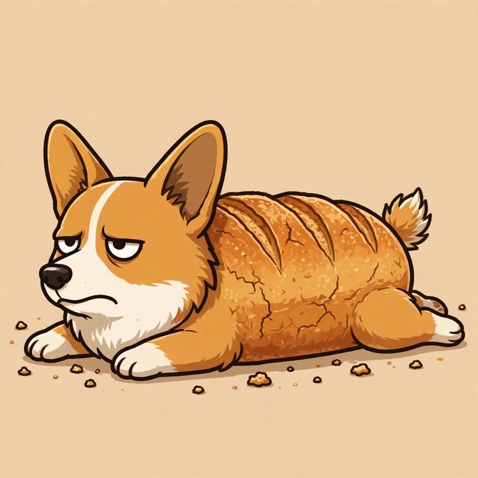 A cartoon illustration of a sad-looking Corgi dog with its body stylized to look like a loaf of scored bread, lying on a tan background with scattered crumbs.