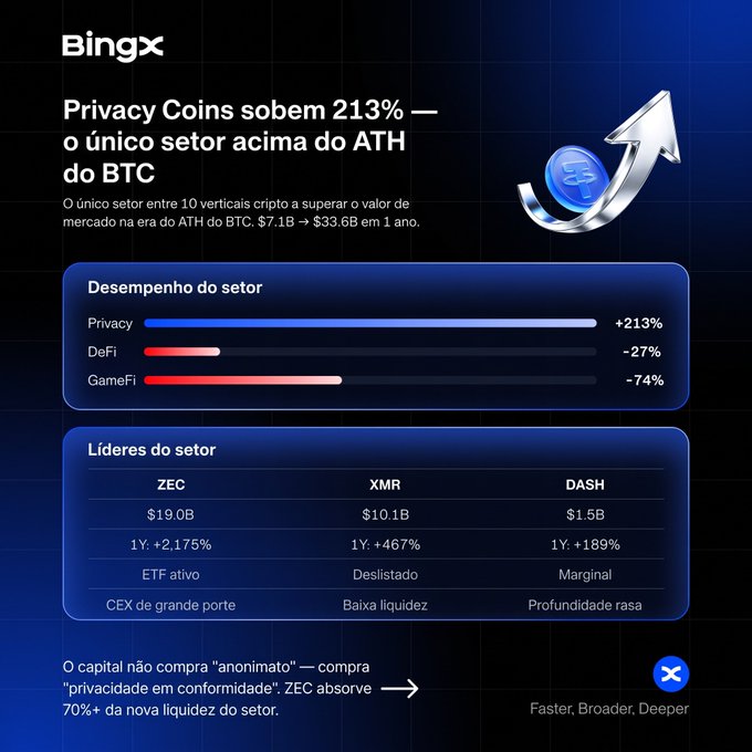 A BingX infographic in Portuguese showing "Privacy Coins sobem 213%" with sector performance (Privacy +213%, DeFi -27%, GameFi -74%) and leaders ZEC, XMR, and DASH.