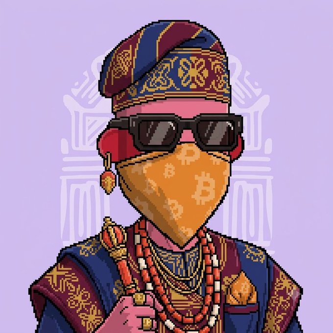 A pixel art portrait of a regal figure wearing sunglasses and an ornate headwrap, with a bandana printed with Bitcoin "₿" logos covering their face, reflects the "Gm NFTs" post by blending traditional cultural attire with cryptocurrency motifs.