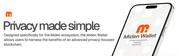 A promotional banner for Miden Wallet with the headline "Privacy made simple," describing it as designed for the Miden ecosystem and offering an advanced privacy-focused blockchain.