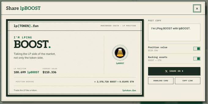 The image shows a "Share lpBOOST" social media card from lp[TOKEN].fun displaying the user's LP position of 100.699 lpBOOST worth $110.336, backed by 2,578,720 BOOST and 0.01495 ETH, with options to share the position on X or copy the post text "I'm LPing BOOST with lpBOOST." This visual representation corresponds to the user's announcement of taking a $100 LP position in $BOOST on @lptokenfun, illustrating the mechanics of the paid spotlight system that uses advertising revenue to fund token rewards and BOOST buybacks.