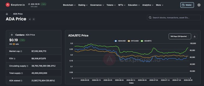 A price chart on Cexplorer.io showing the Cardano (ADA) Price at $0.19 (-7.3%), with a graph comparing ADA/BTC, BTC/USD, and ADA/BTC over the past 180 days.