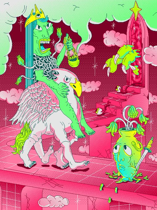 A vibrant comic-style illustration featuring a green-skinned figure in a yellow crown riding a pink and white pegasus-like creature, alongside a small green pot character with a sword, set in a surreal pink landscape with a throne.
