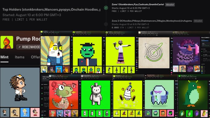 A screenshot of an NFT marketplace displaying pixel-art collectibles under "Pump Room" with a "ROBIN HOOD" logo, alongside text mentioning "Top Holders" and "FREE | LIMIT 1 PER WALLET".