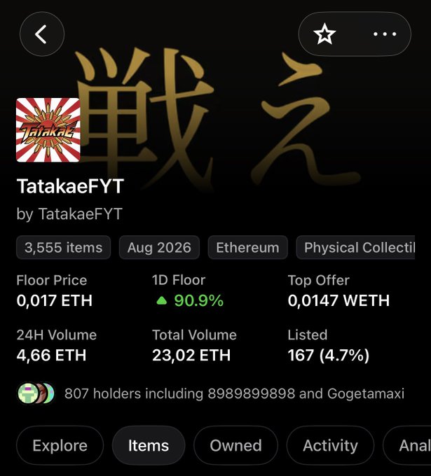 A screenshot of a crypto/NFT collection page for "TatakaeFYT" showing a floor price of 0.017 ETH, 3,555 items, and various statistics.