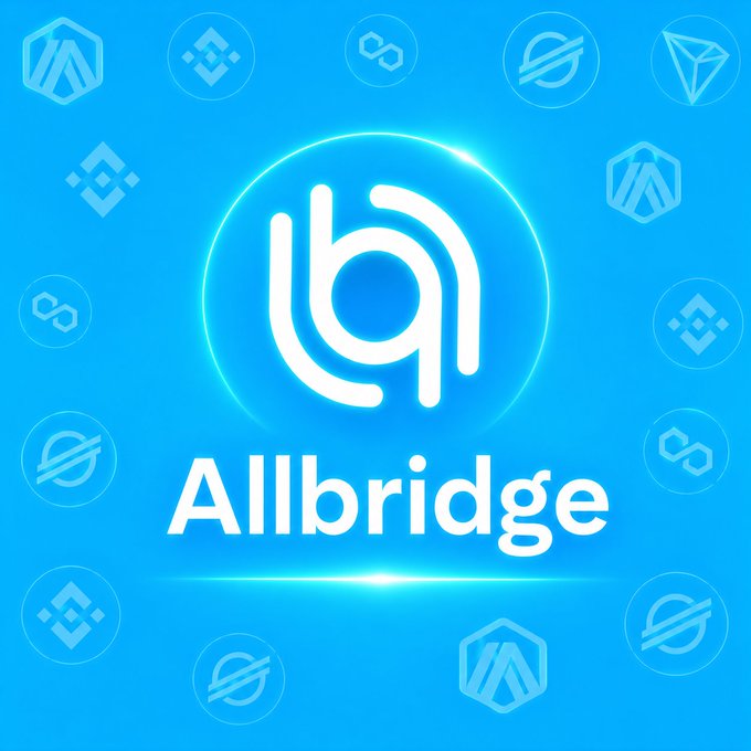 Allbridge logo displayed on a blue background surrounded by various cryptocurrency symbols.