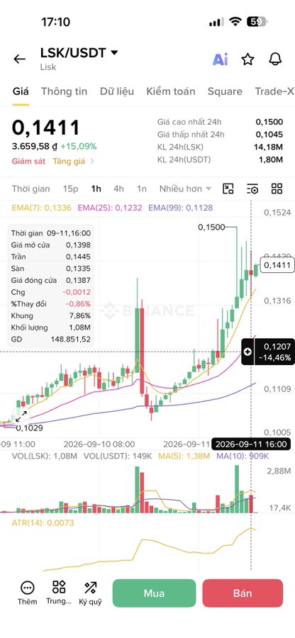 A cryptocurrency trading app showing the LSK/USDT pair (Lisk) with a price of 0.1411 and a candlestick chart.