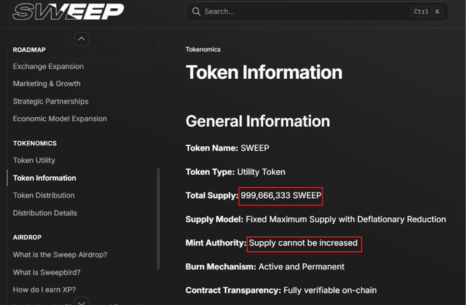 A screenshot from the SWEEP tokenomics page displays key token information, highlighting a total supply of 999,666,333 SWEEP with a note that "Supply cannot be increased." The image visually supports the announcement by confirming the fixed maximum supply and the specified token details mentioned in the post.