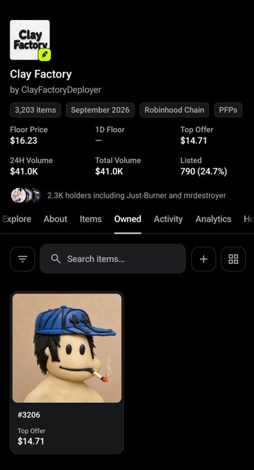 A mobile app screenshot of a 'Clay Factory' NFT collection showing 3,203 items with a floor price of $16.23, featuring a 3D animated character wearing a blue cap and smoking.