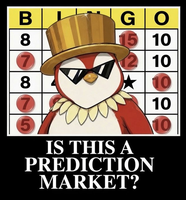 A bingo card featuring a smug penguin in a top hat and sunglasses with the caption "IS THIS A PREDICTION MARKET?" — symbolizing how absurd and unpredictable crypto markets felt when Coinbase CEO Brian Armstrong publicly questioned whether the market bottom had been reached just after Trump's tariff announcement.