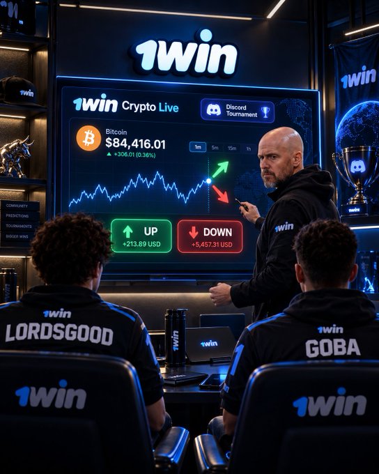 A promotional image for '1win Crypto Live' showing Bitcoin at $84,416.01 with UP/DOWN betting options, featuring two players and an announcer in a gaming setup.