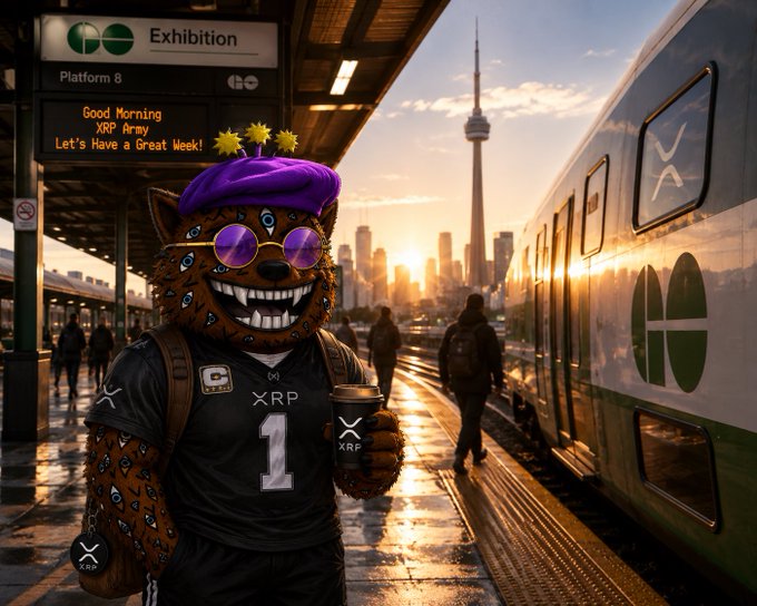 An XRP-branded cheetah mascot wearing a purple beret and sunglasses stands on a Toronto train platform (Platform 8, Exhibition) at sunrise, holding an "XRP" coffee cup and a jersey reading "XRP 1," with the digital sign behind him echoing the post's message: "Good Morning XRP Army, Let's Have a Great Week!" — visually capturing the post's "new week, stay focused" theme with a bold, caffeinated nod to the $XRP community.