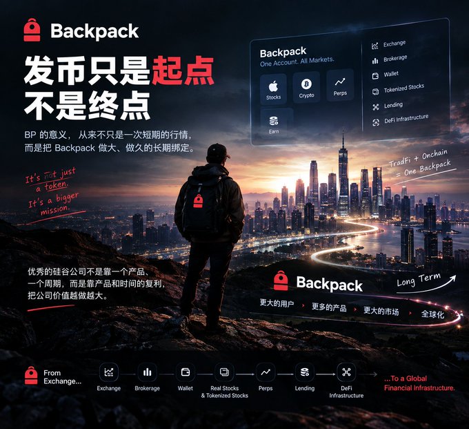 A promotional graphic for "Backpack" features a man overlooking a city skyline, with Chinese text "发币只是起点，不是终点" (Issuing tokens is just the starting point, not the endpoint) and product categories including Exchange, Brokerage, Wallet, Perps, Lending, and DeFi Infrastructure.