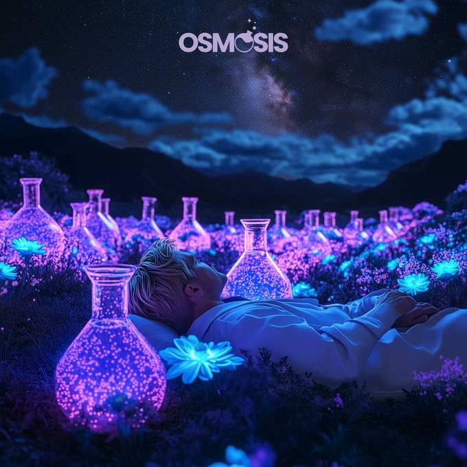 A person lies peacefully in a surreal field of glowing purple potion bottles and bioluminescent flowers under a starry night sky, with "OSMOSIS" displayed at the top. The dreamlike, otherworldly imagery visually reinforces the post's message by evoking a magical yet functional digital realm—suggesting that despite the seemingly fantastical nature of everything being on-chain, the Osmosis platform still reliably delivers its enchantment.