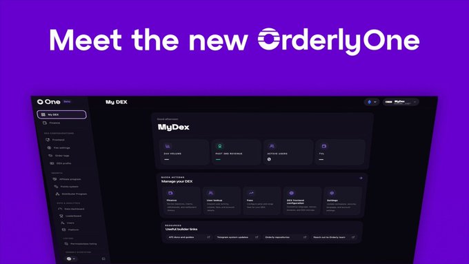 A promotional graphic for a new interface reads 'Meet the new OrderlyOne', displaying a dark-themed dashboard with sections for 'My DEX' including 'DEX VOLUME', 'POST-DEV REVENUE', and 'ACTIVE USERS'.