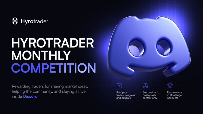 A promotional graphic for the 'HYROTRADER MONTHLY COMPETITION' featuring a blue Discord logo, with text explaining rewards for sharing market ideas and staying active inside Discord.
