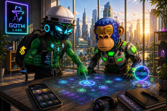 A vibrant digital artwork depicting two cyberpunk characters—a green glowing figure with 'GAINZ' on their helmet and a blue armored ape with 'LD2'—collaborating over a holographic trading table, with a 'GOTM LABS' neon sign and 'ORBIS' logo visible.