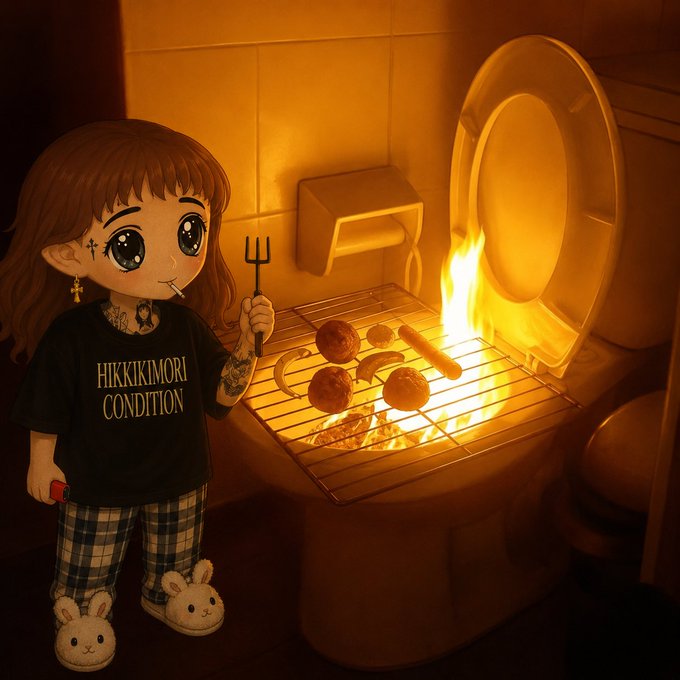 Illustration of a chibi-style girl wearing a "HIKKIKOMORI CONDITION" shirt holding a fork next to a flaming toilet with food cooking on it.