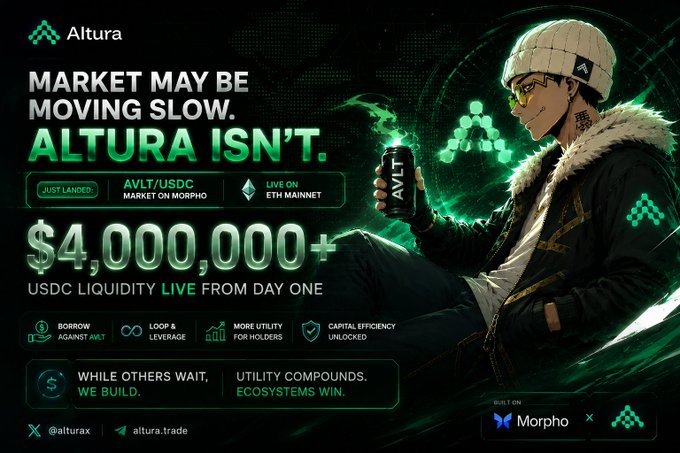 The image features a man sitting down with a can of soda, wearing a beanie hat and holding a can of soda. The background of the image is black, which contrasts with the white text that reads "Market may be moving slow, Altura isn't." Below this text, there are several bullet points providing information about the market and Altura's offerings.