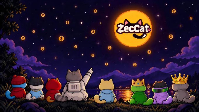 A cartoon illustration shows a group of cats in various costumes watching a glowing yellow moon labeled 'ZecCat' against a starry night sky, with scattered Z's floating in the air.