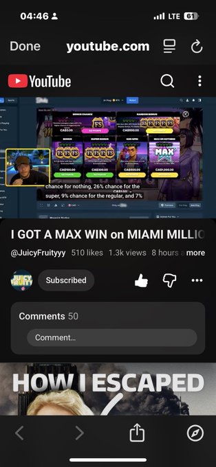 A YouTube mobile screenshot showing a video titled 'I GOT A MAX WIN on MIAMI MILLIO' by @JuicyFruityy with 510 likes and 1.3K views.