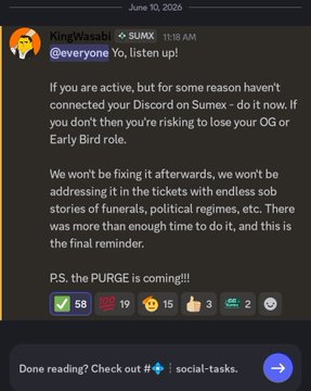 The image shows a screenshot of a message board where someone has posted about a social media platform called Sumex. The text appears to be informative, stating the importance of connecting one's account to Sumex, particularly for those who hold anOG or Early Bird role. The conversation takes place within a message chat box located on the right side of the image.