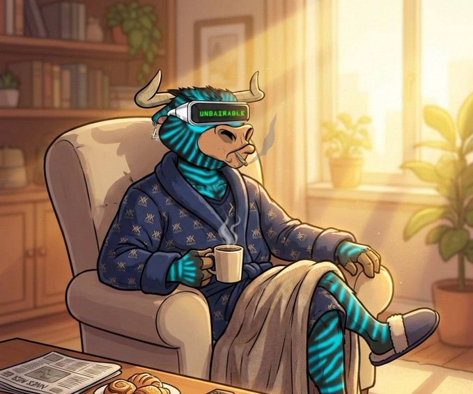 A relaxed cyan zebra wearing a VR headset labeled "UNBAIRABLE" lounges in a robe, sipping coffee and smoking a cigar in a sunlit living room—visually capturing the smug "I made it" mindset behind the crypto grindset post "Gm to those who going to make it in crypto."