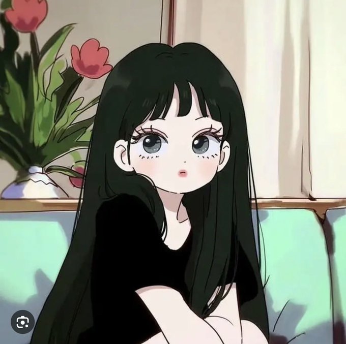 A chibi-style anime illustration of a girl with long black hair and large blue eyes sits on a green couch beside a vase of red tulips. The soft, cozy aesthetic pairs perfectly with the cheerful "Good morning! Have a great day!" message, capturing a serene and pleasant wake-up vibe.