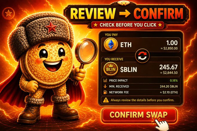 A crypto swap interface showing a transaction review of paying 1.00 ETH to receive 245.67 $BLIN, with a cartoon character in a ushanka hat holding a magnifying glass.