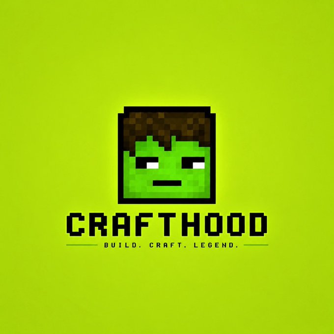 A pixel-art logo featuring a green blocky character with brown hair and a deadpan expression, above the text "CRAFTHOOD" and tagline "BUILD. CRAFT. LEGEND.," set against a bright green background—serving as the brand identity for the Crafthood giveaway promotion.