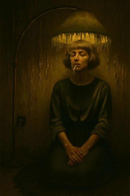 A woman with a bob haircut sits in a dark room beneath a glowing fringed lamp, smoking a cigarette with a melancholic expression, evoking the exhausted solitude often faced by "GM fighters"—those pushing through grueling grind and grindset culture. The warm, dim lighting and her quiet resignation capture the toll of the endless hustle.