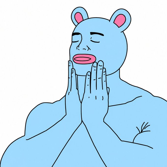 The image features a cartoon depiction of a person with blue eyes, wearing a mask that resembles a bear's face. The person has their hands together in front of them, possibly in prayer or meditation. The caption "That moment when $BRETT" is written above the image, which could be interpreted as a reference to the artist who created this cartoon.