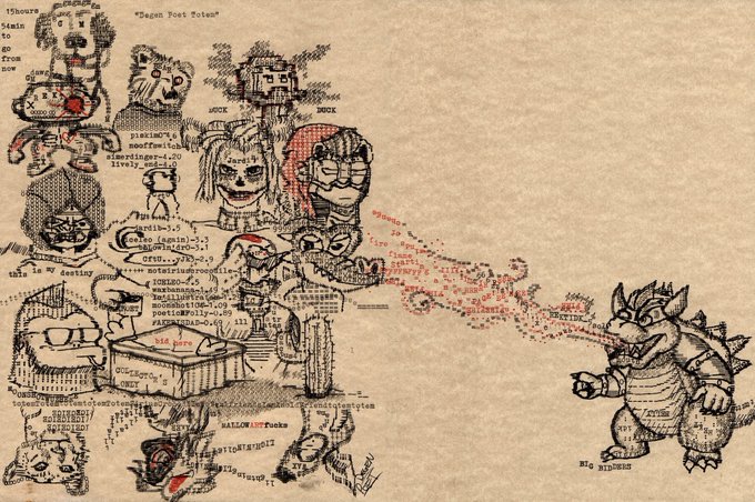 A vintage, hand-drawn video game art piece or conceptual sketch featuring crude doodles of characters, a tiger, a castle, and the text 'Segun Post Notes' along with 'BIG BIG BOSS' near a figure on the right.