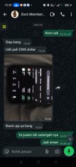 A WhatsApp chat screenshot in Indonesian between 'Dom' and a member mentions 'lagi jadi 2500 dollar' and 'itu pajak lah namanya bro', alongside an image of a cryptocurrency chart.