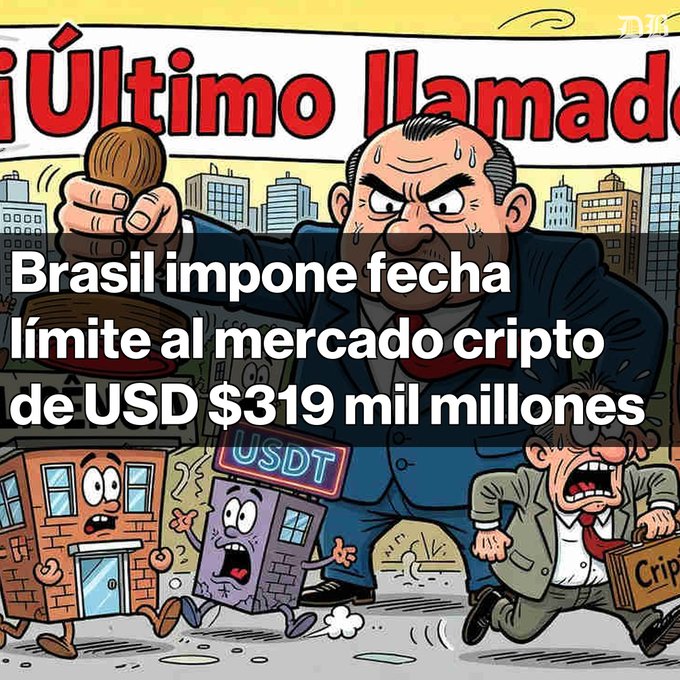 A cartoon illustration with the headline 'Brasil impone fecha límite al mercado cripto de USD $319 mil millones' depicts a man wielding a gavel over distressed, personified crypto buildings labeled 'USDT' and 'Crypto'.